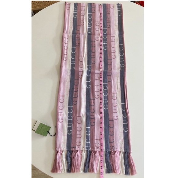Gucci Scarf Wool Stripes Logo GG Barbie Pink - Picture 10 of 11